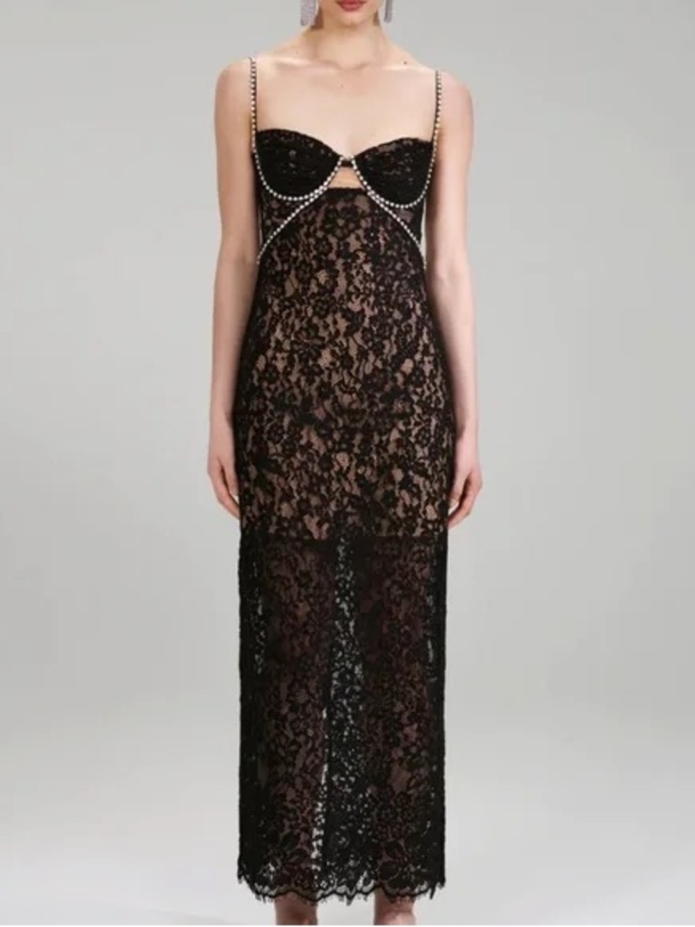 Self Portrait Black Lace Maxi Dress with Nude Lining